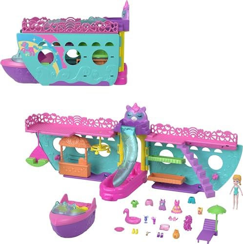 Polly Pocket Portable Boat Playset with Water Play & Color-Change Accessories, Unicorn Dream Cruise Includes 1 Doll & 23 Total Pieces Polly Pocket