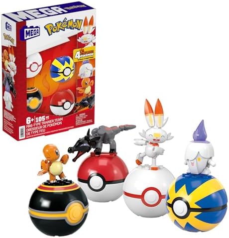 Mega Pokémon Building Toys Set Fire-Type Trainer Team with 105 Pieces, 4 Poseable Character, 2 Inches Tall, for Kids Mega