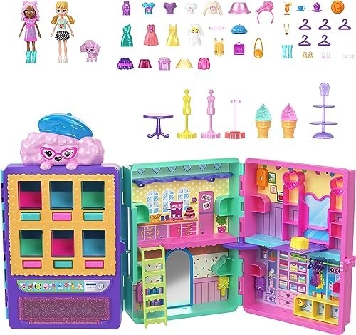 Polly Pocket Dolls & Vending Machine Playset, Candy Style Fashion Drop with 2 Dolls (3-in), 1 Pet & 35+ Accessories Polly Pocket