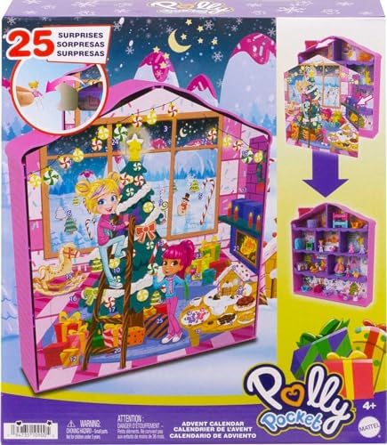 Polly Pocket Advent Calendar with 2 Dolls, Doll House Frame, Furniture & Accessories, 25 Surprises, Holiday Theme Polly Pocket