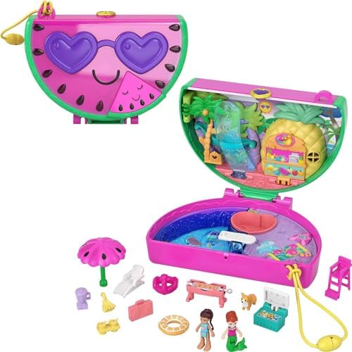 Polly Pocket Compact Playset, Scented Watermelon Pool Party with 2 Micro Dolls & Accessories, Travel Toys Polly Pocket