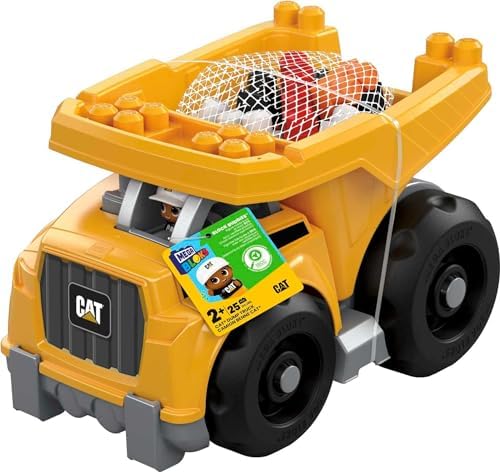 Mega BLOKS Cat Toddler Blocks Building Toy Set, Large Dump Truck with 25 Pieces and Storage, Yellow, Ages 1+ Years Mega