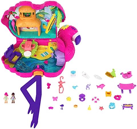 Polly Pocket Travel Toy, Flamingo Party Playset with 2 Micro Dolls & 26 Surprise Accessories, Animal Toy Compact Polly Pocket