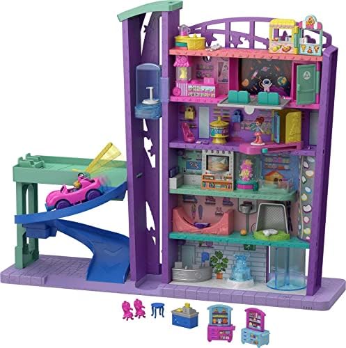 Polly Pocket Playset with 3 Micro Dolls, 1 Toy Car, Food and Shopping Accessories, Pollyville Mega Mall Toy Polly Pocket