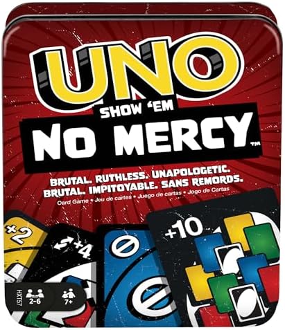 Mattel Games UNO Show ‘em No Mercy Card Game in Storage & Travel Tin for Kids, Adults & Family Night with Extra Cards, Special Rules & Tougher Penalties (Amazon Exclusive) Mattel Games