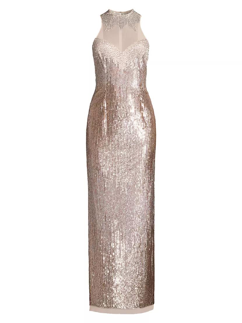 Женское Вечернее платье Aidan Mattox Illusion Beaded Column Gown Aidan Mattox