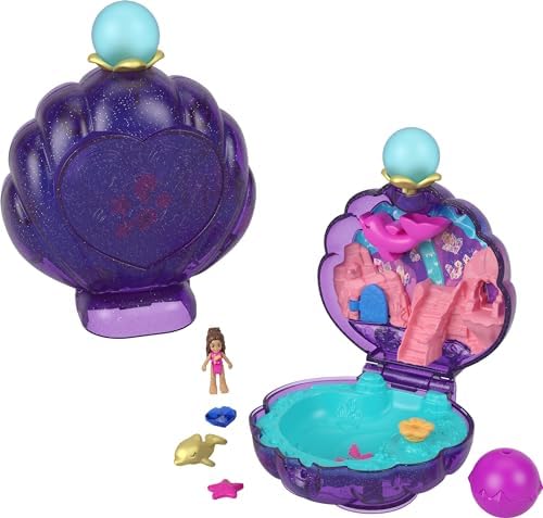 Polly Pocket Dolls & Accessories, Sparkle Beach Shell Compact with Micro Doll & Ocean Pet, Travel Toy with Water Play, Polly Pocket