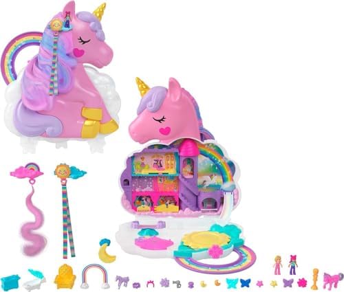 Polly Pocket 2-in-1 Travel Toy, Rainbow Unicorn Salon Styling Head with 2 Micro Dolls & 20+ Accessories Polly Pocket