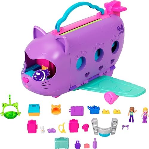 Polly Pocket Dolls & Playset, Kitty Airways Airplane, Travel Toy with 2 Micro Dolls, Pet, Spinning Stage & Accessories Polly Pocket