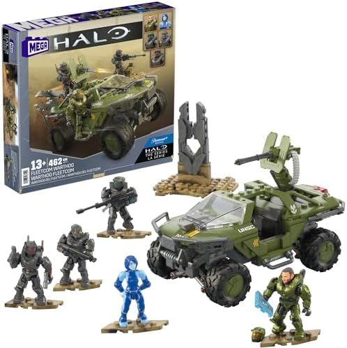 Mega Halo The Series Vehicle Building Toys Set, FLEETCOM Warthog ATV with 469 Pieces, 5 Micro Action Figures, Poseable Articulation, Kids and Fans Mega