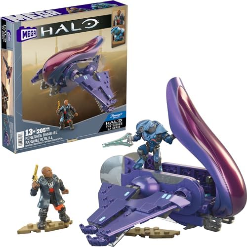 Mega Halo The Series Vehicle Building Toys Set, Renegade Banshee Aircraft with 205 Pieces, 2 Micro Action Figures, Purple, Kids and Fans Mega