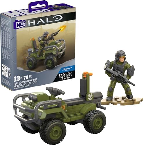 Mega Halo The Series ATV Building Toys Set, FLEETCOM Mongoose Vehicle with 79 Pieces, 1 Poseable Articulation Figure, Green, Kids or Adults Mega