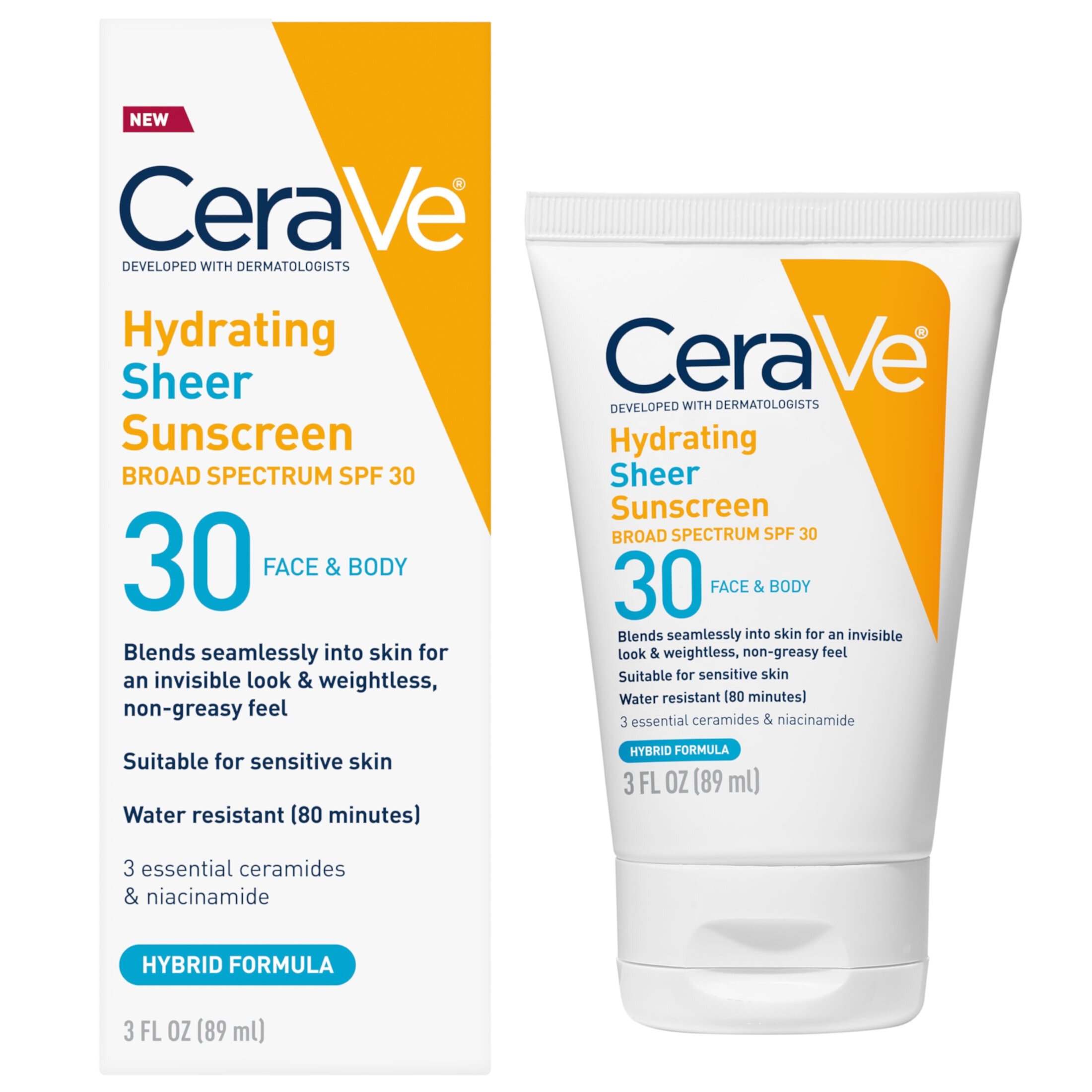 CeraVe Hydrating Sheer Face & Body Sunscreen Lotion SPF 30, All Skin Types 3+ Years Old, 3 fl oz CeraVe