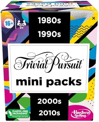 Hasbro Gaming Trivial Pursuit Mini Packs Multipack, Fun Trivia Questions for Adults and Teens Ages 16+, Includes 4 Game Featuring 4 Decades Hasbro Gaming