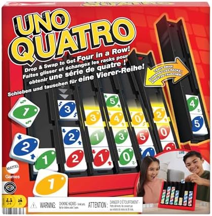 Mattel Games UNO Quatro Game with Colored Tiles & Plastic Game Grid for Adult, Family & Game Night, 2 to 4 Players Ages 7 Years & Up Mattel Games