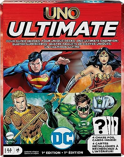 Mattel Games UNO Ultimate DC Card Game for Kids, Fans, Adults & Familiy Night with 4 Character Decks, 4 Collectible Foil Cards & Special Rules Mattel Games