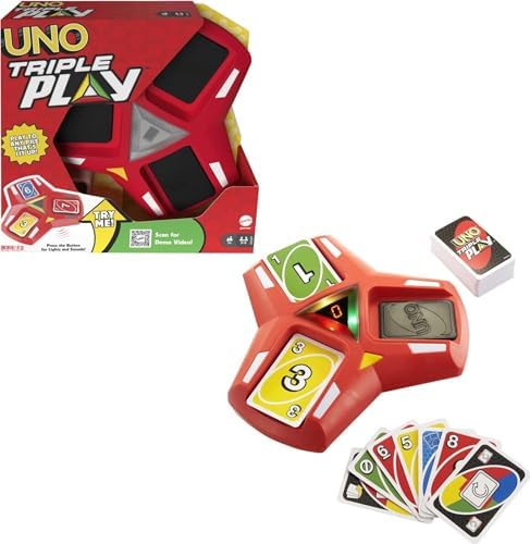 Mattel Games UNO Triple Play Card Game, Game for Kids, Adults and Family Night, Play Three Piles, Draw When it Overloads, Lights and Sounds Mattel Games