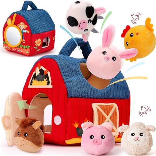 hahaland Baby Toys 6-12 Months - Surprise Barn with Stuffed Farm Animals, Rattle, Crinkle Paper, Mirror - Busy Montessori Toys for Babies, Sensory Toys for Toddlers 1-3 Hahaland