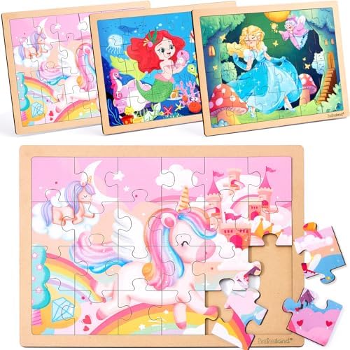 hahaland Puzzles for Kids Ages 4-6 - 3 Pack of 24 Piece Wooden Puzzles for Toddlers 3-5 - 3 Year Old Girl Gifts - 4 Year Old Girl Birthday Gifts - Unicorns, Mermaid, Princess Hahaland