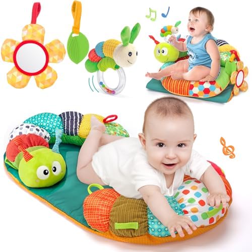 hahaland Baby Gifts for 0 3 6 9 12 Months - Tummy Time & Seated Support & Pillow 3 in 1 Caterpillar Mat for Newborn Infant Toddler Detachable Teether Rattle Sensory Play Hahaland