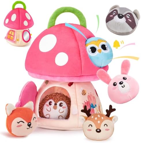 hahaland Baby Girl Toys 6-12 Months - My First Mushroom House with Stuffed Jungle Animals, Rattle, Crinkle Paper, Mirror - Busy Sensory Montessori Toys for Toddlers 1 Year Old Girl Gifts Hahaland