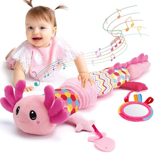 hahaland Tummy Time Toys for Babies 0-6 Months - Musical Axolotl Plush with Rattle,Teether,Mirror,Squeaky,Crinkle - Infant Toys 0-12 Months Hahaland