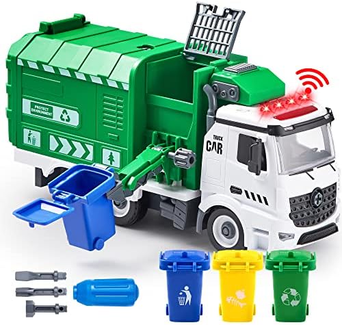 JOYIN Garbage Truck Toy, Boys & Girls Gifts, Kids DIY Assembly Friction Powered Side-Dump Garbage Toy with Light and Sounds, 3 Trash Cans, 3 Replaceable Screwdrivers, Age 1 2 3 4 5 JOYIN