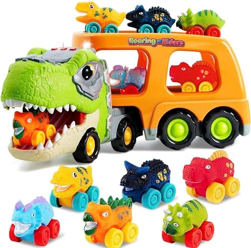 JOYIN Dinosaur Truck Toys for Kids, Kids Toys Boys Age 3 4 5, Dinosaur Car Carrier Truck Toy with 6 Dinosaur Figures Rubber Car Vehicles, Toddler Birthday Gifts with Music & Lights JOYIN