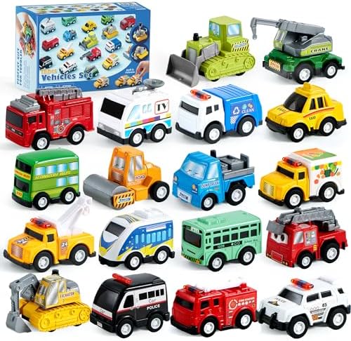 JOYIN 18 Pcs Pull Back City Cars and Trucks Toy Vehicles Set, Friction Powered Cars Toys for Toddlers, Boys, Girls’ Educational Play, Goodie Bags Stuffers JOYIN