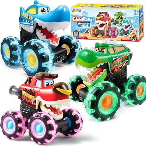 JOYIN 3 Pack Monster Truck Toy - Motion Activated Light-Up Cars for Toddlers - Monster Treads Lightning Wheels - Baby Toy Press & Go Cars for Boys Girls JOYIN