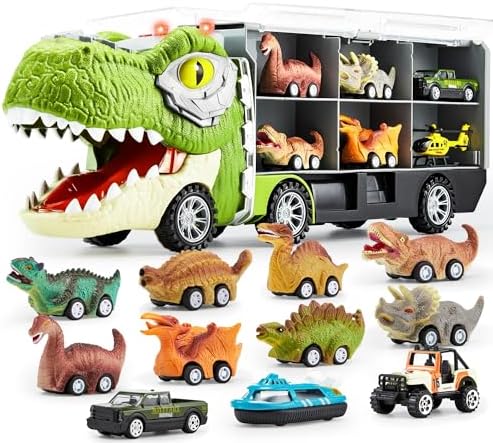 JOYIN 13 in 1 Dinosaur Toys for Kids 3-5, Dinosaur Truck with 12 Pull Back Cars, Dinosaur Cars Set, Birthday Gifts Toys for 3 4 5+ Year Old Boy, Transport Carrier Truck for Toddlers 3-4 Years JOYIN