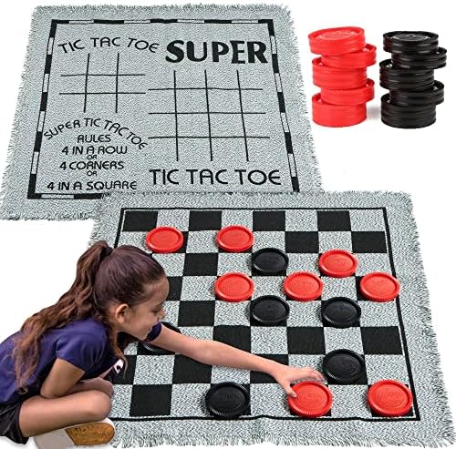 3-in-1 Vintage Giant Checkers, Tic, Tac, Toe, Game with Reversible Mat, 24 Chips, Family Board Game, Lawn Game, BBQ Party Favor, Indoor and Outdoor Activity for Kids and Adults JOYIN