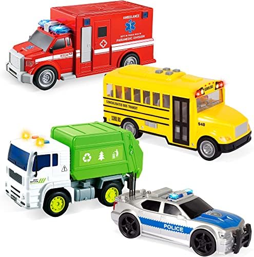 JOYIN 4 Pcs 7" Long Vehicle Toy Set, Toddlers Cars with Lights and Siren Sound, Including Play Police Car, School Bus, Toy Garbage Truck, Ambulance Toy, Christmas Birthday Gifts Toys for Boys 3-5 JOYIN