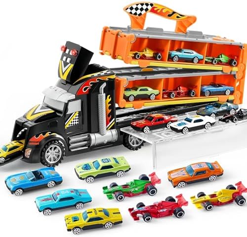 JOYIN Toy Truck for Kids,5-FT Race Track and 12 Die-Cast Metal Toy Cars, Racing Car with Lights & Sounds, Carrier Truck Toy Gift for 2 3 4 5 Years Old Boys and Girls JOYIN