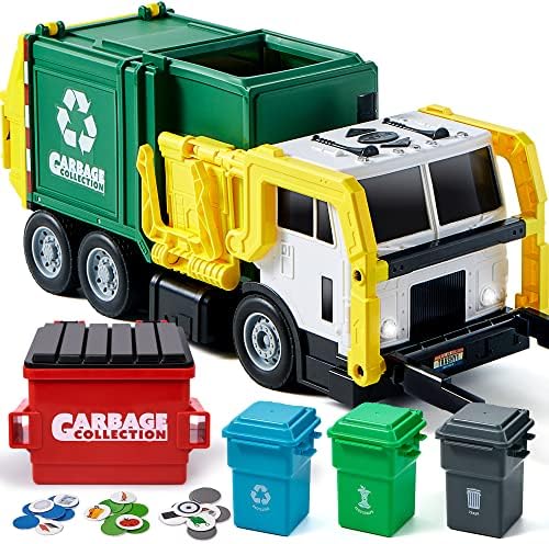 JOYIN Large Friction Powered Garbage Truck Toy Set, Includes Dumpster, Trash Bins, and Learning Cards for Kids JOYIN