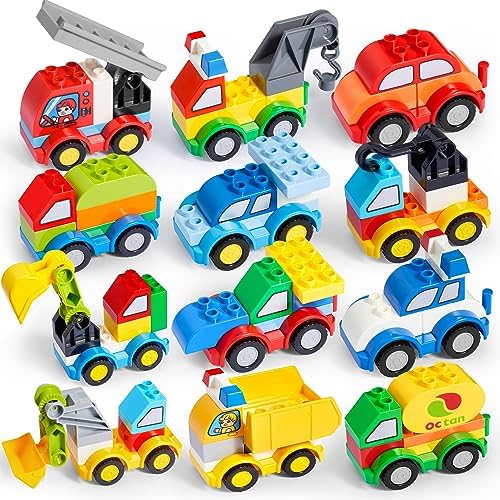 JOYIN 80Pcs Toddlers Car Building Blocks Set, 12Pcs Different Vehicles, Build Your Own Toy Cars, Compatible with Brand Name Building Bricks for Kids Boys Girls Birthday Easter Gift JOYIN