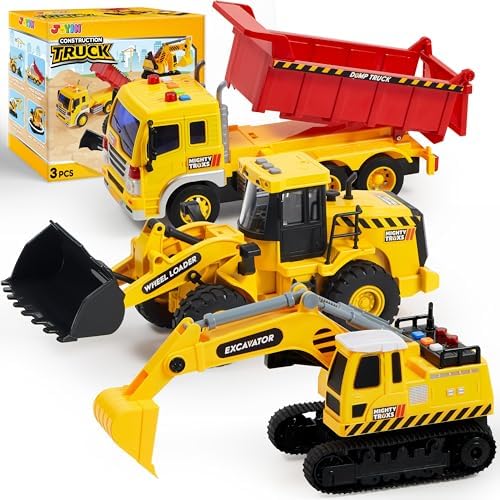 JOYIN 3 Pack Construction Toy - Excavator, Dump Truck and Loader, Moveable Claw & Lifting Back, Construction Truck Toy, Christmas Borthday Gift for Toddler Boys Kids JOYIN