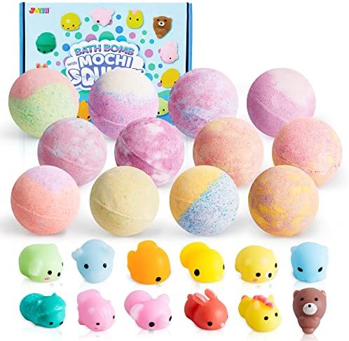 JOYIN Bath Bombs for Kids with Mochi Squishy Toy, 12 Pack Bubble Bath Bombs with Surprise Toy Inside, Natural Essential Oil SPA Bath Fizzies Set, Party Favors for Boys Girls Birthday Gifts JOYIN