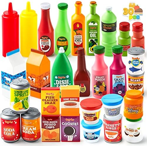 JOYIN 30Pcs Play Food Grocery Cans, Play Kitchen Accessories, Includes Drink, Juice, Jar, Seasoning, Water Bottle, Sauce, Yogurt, Ice Cream, Snack Box, Kids Gifts & Indoor Toys JOYIN