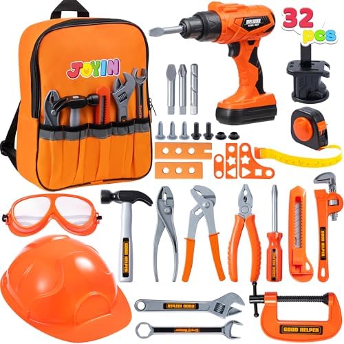 JOYIN 32PCS Kids Tool Set, Pretend Play Toddler Tool Toys with Construction Backpack Costume & Electronic Toy Drill for Boy Girl Halloween Present Birthday Dress Up Party JOYIN