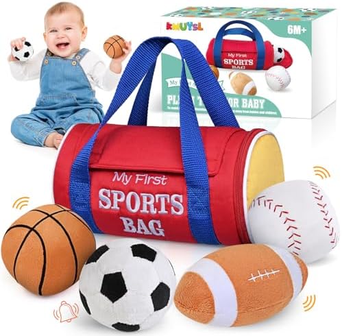 KMUYSL Baby Toys 0-12 Months, My First Sports Bag Plush Toy - 4 Sensory Balls Soft Toys with Crinkle, Rattles for 0-3-6-9-12 Month Newborn Infant, 1st Birthday for Babies Boys Girls Age 1+ KMUYSL