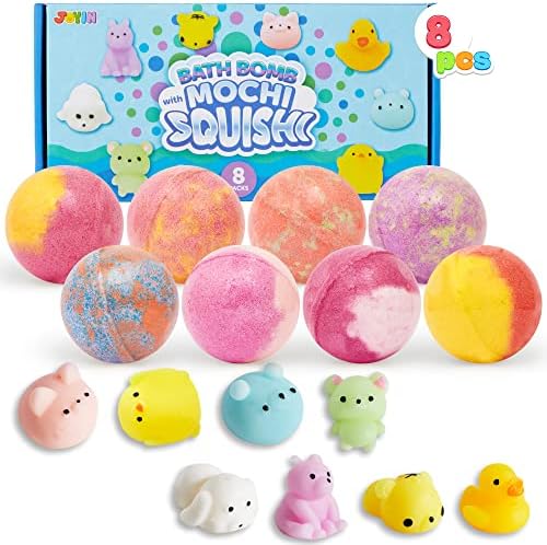 8 Pack Bubble Bath Bombs for Kids with Mochi Squishy Toy, Surprise Toy Inside, Natural Essential Oil SPA Bath Fizzies Set, Kids Safe Party Favors for Boys and Girls JOYIN