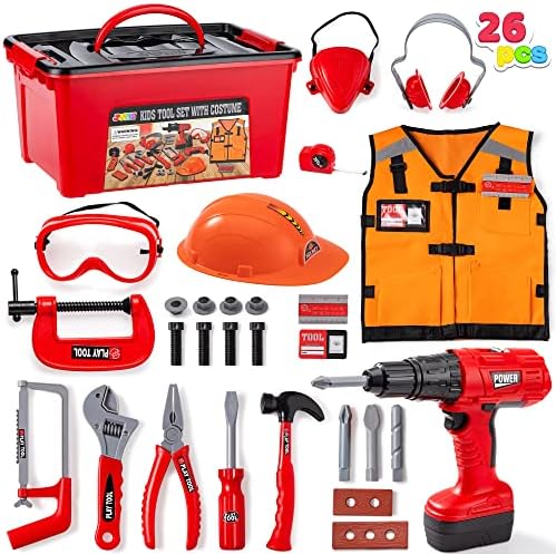 JOYIN 26Pcs Kid Tool Set, Pretend Play Toddler Tool Toy with Construction Worker Costume & Electronic Toy Drill in Storage Box for Boy Girl Halloween Present Birthday Dress Up Party JOYIN