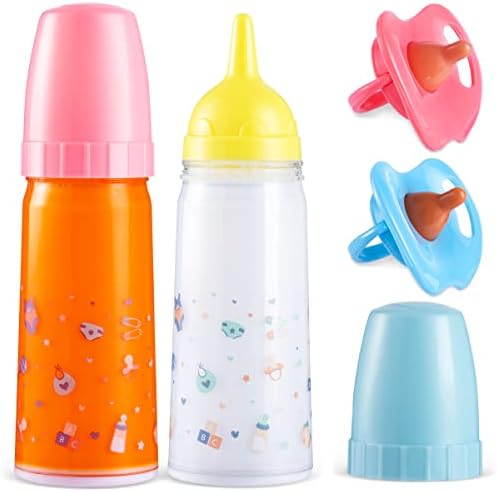 JOYIN Doll Magic Bottle Set, 2 Disappearing Magic Milk & Juice Bottles with Caps and 2 Toy Pacifiers Baby Doll Accessories Feeding Set Stuff for Girls Christmas Birthday Gift JOYIN