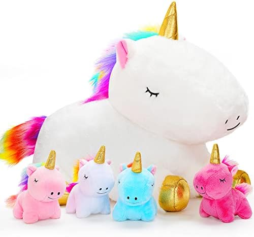 KMUYSL Toys for Girls Ages 3 4 5 6 7 8+ Years - Unicorn Mommy Stuffed Animal with 4 Baby Unicorns in Her Tummy, Soft Unicorn Plush Toys Set, Christmas Birthday Gifts for Baby, Toddler, Kids KMUYSL