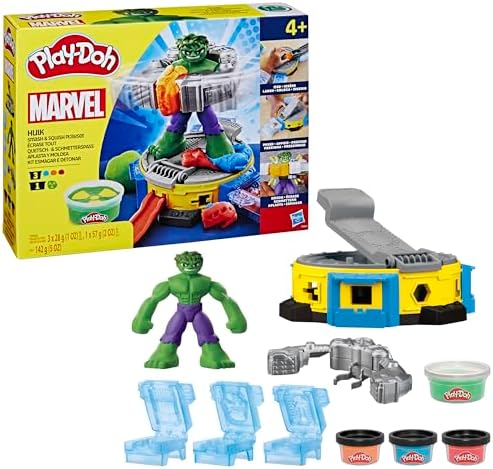 Play-Doh Marvel Hulk Smash & Squish Kids Playset with Bendy Action Figure and Accessories, Imagination Toys for Boys and Girls 4 and Up Play-Doh