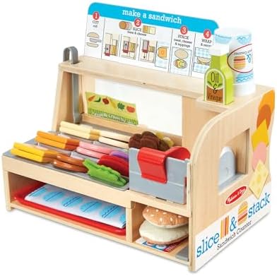 Melissa & Doug Wooden Slice & Stack Sandwich Counter with Deli Slicer – 56-Piece Pretend Play Food Pieces Melissa & Doug