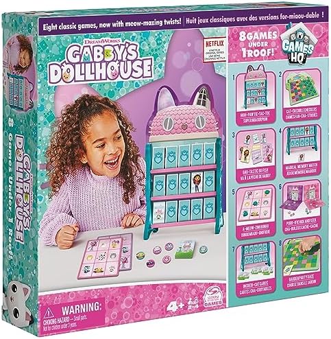 Gabby’s Dollhouse, Games HQ Checkers Tic Tac Toe Memory Match Go Fish Bingo Cards Board Games Toy Gift Netflix Party Supplies, for Kids Ages 4 and up Spin Master Games