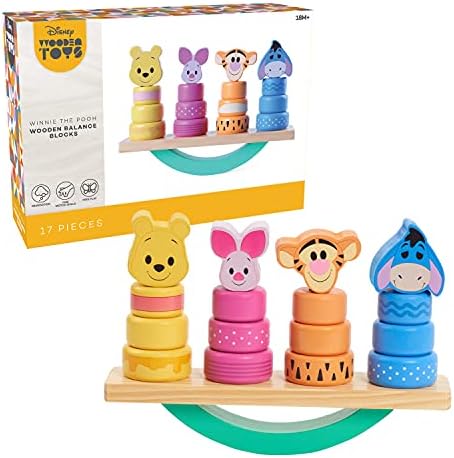 Just Play Disney Wooden Toys Winnie the Pooh Balance Blocks, 17-Piece Set, Officially Licensed Kids Toys for Ages 18 Month Just Play