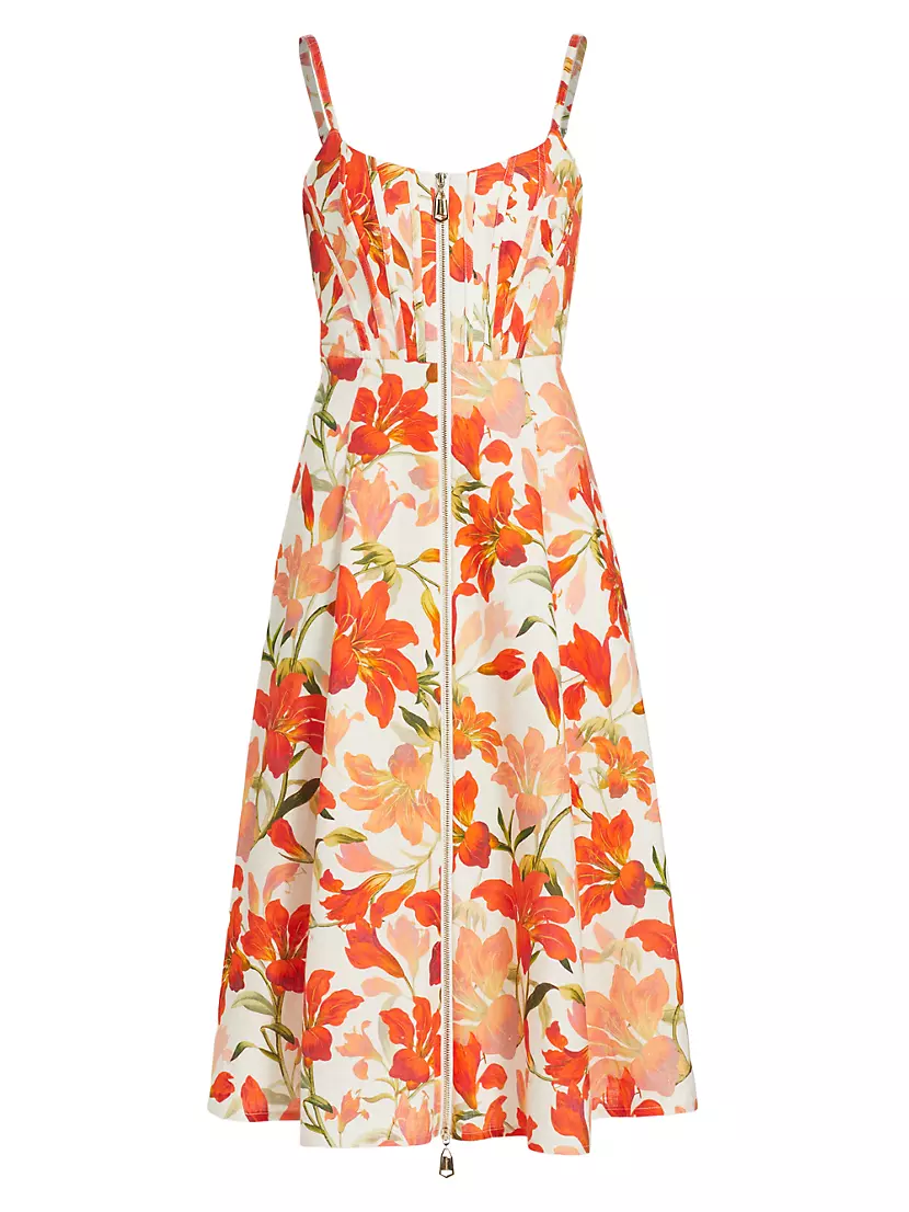 Женское Повседневное Платье ZIMMERMANN Tranquility Linen Floral Front-Zip Midi-Dress ZIMMERMANN